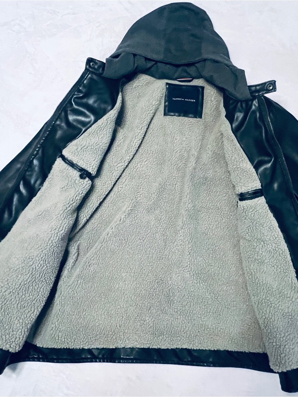 Tommy Hilfiger Black Faux Leather Bomber with Sherpa Lining ECU